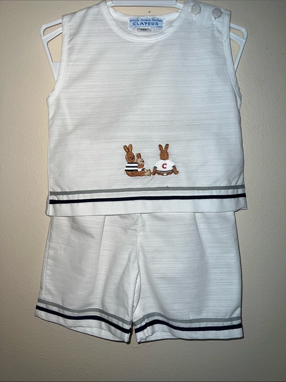 Vintage Clayeux French White Tank & Shorts Set with Brown Bunny Embroidery